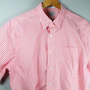 LL Bean Wrinkle Resistant Shirt Mens L Regular Fit Striped Pink Short Sleeve